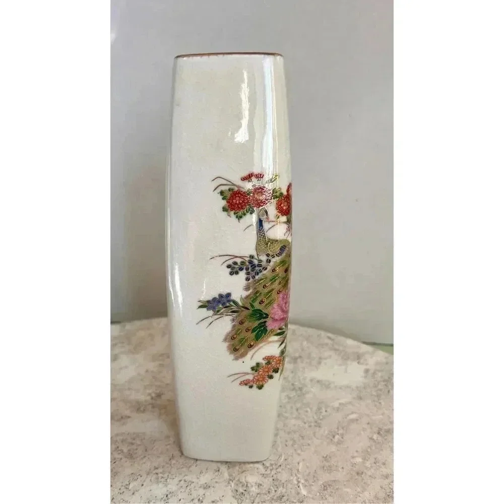 Satsuma Cream‎ Vintage Japanese Peacock Yamahiro Toen Crackle Glass Tapered Vase